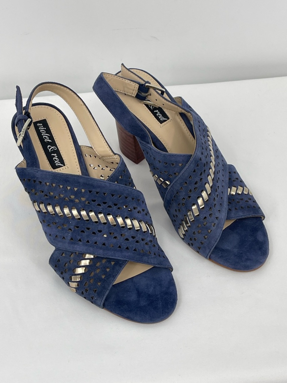 VIOLET & RED Navy Suede Block Heel Slingback Sandals WOMENS SIZE 6.5M
